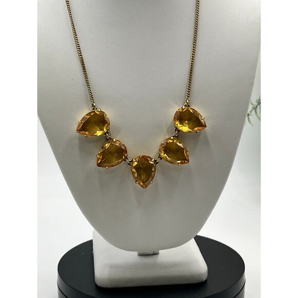 J. Crew Yellow Topaz Faceted Glass Teardrop Statement Gold Tone Collar Necklace - Picture 2 of 10